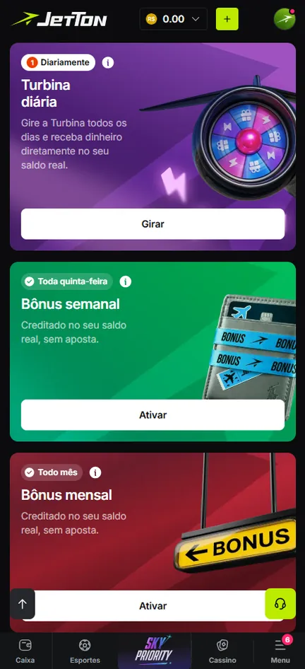 Cartões da Turbina diária, do Bônus semanal e do Bônus mensal na Jetton