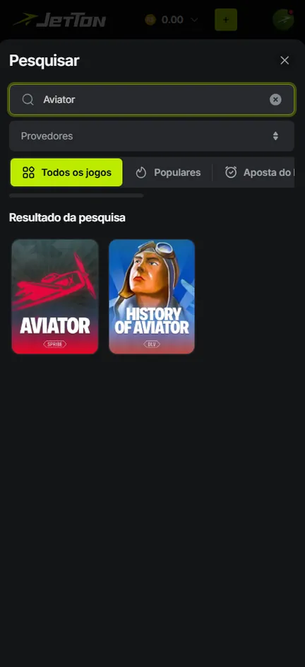 Resultado da busca por Aviator no lobby da Jetton