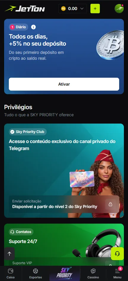 Área Privilégios do Sky Priority na Jetton com o Sky Priority Club, canal privado no Telegram