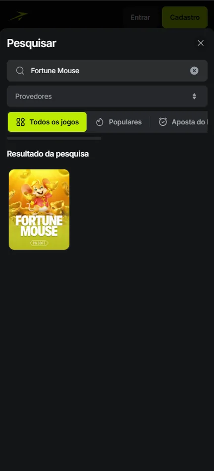 Busca por Fortune Mouse no lobby da Jetton com a capa do jogo da PG Soft