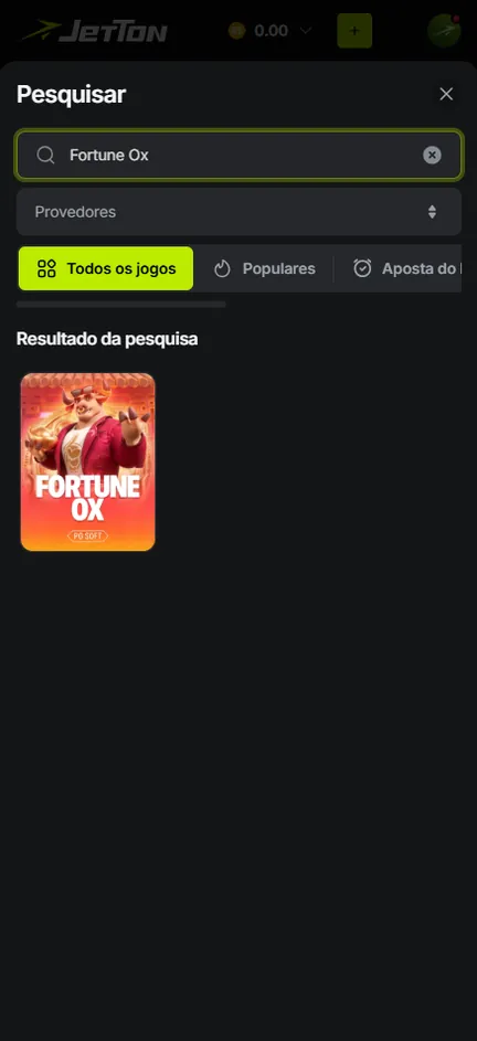 Busca por Fortune Ox no lobby da Jetton com uma capa do Fortune Ox, da PG Soft