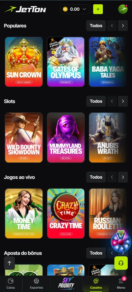 Lobby do cassino da Jetton no celular com as faixas Populares, Slots e Jogos ao vivo