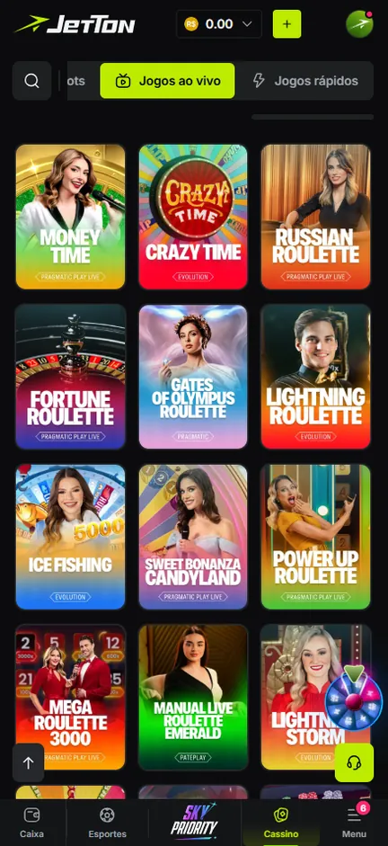 Seção Jogos ao vivo da Jetton com Crazy Time, Lightning Roulette, Ice Fishing e Mega Roulette 3000
