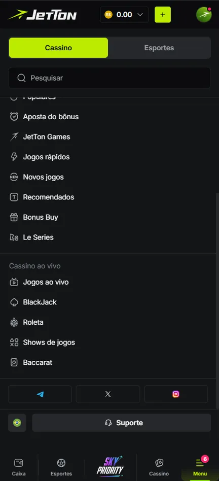 Menu da Jetton com o grupo Cassino ao vivo: Jogos ao vivo, BlackJack, Roleta, Shows de jogos e Baccarat