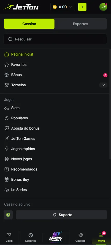 Menu do cassino da Jetton com Favoritos, Bônus, Torneios e categorias de jogos
