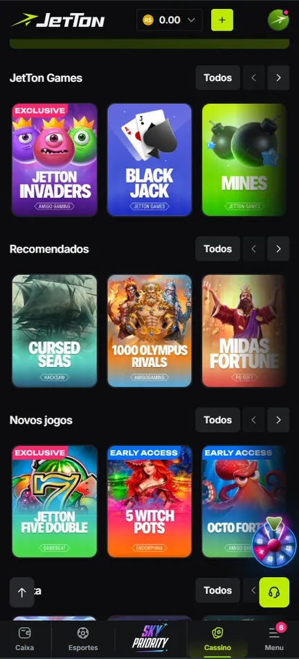 Seções JetTon Games, Recomendados e Novos jogos no lobby da Jetton