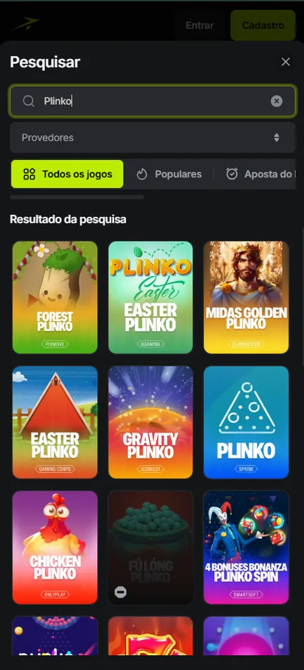 Busca por Plinko no lobby da Jetton com várias versões do jogo, entre elas o Plinko da Spribe