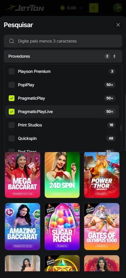 Filtro Provedores na busca da Jetton com PragmaticPlay e PragmaticPlayLive marcados