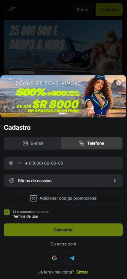 Cadastro da Jetton na aba Telefone, com banner de 500% + 400 giros grátis, seletor Bônus de cassino e botão Adicionar código promocional