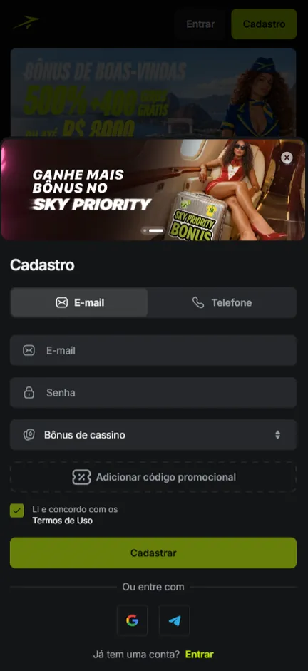 Formulário Cadastro da Jetton na aba E-mail, com campos E-mail e Senha, seletor Bônus de cassino e botão Adicionar código promocional