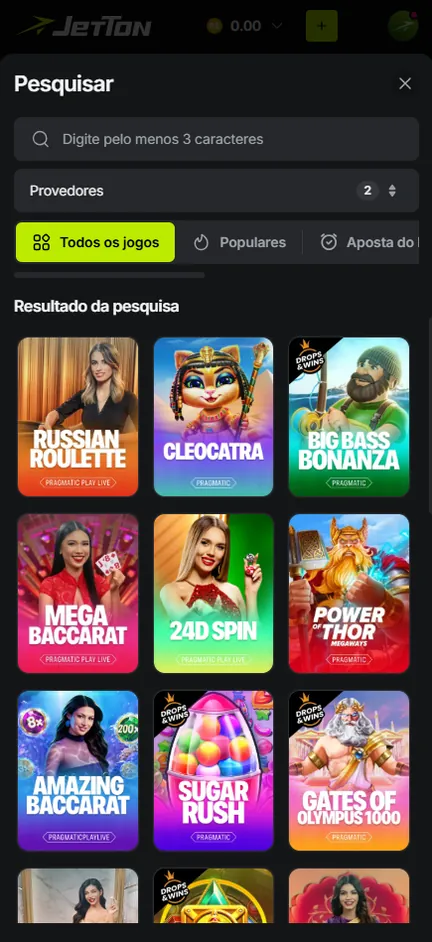 Resultado da busca da Jetton filtrado por provedor, com Big Bass Bonanza, Sugar Rush e Gates of Olympus 1000