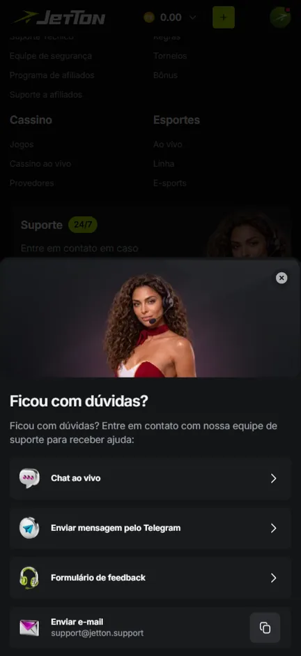Janela Ficou com dúvidas? da Jetton com chat ao vivo, Telegram, formulário e e-mail