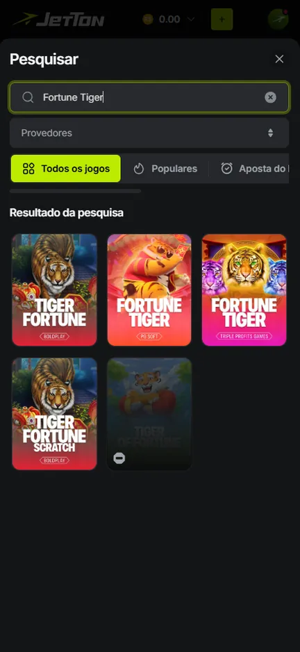 Resultado da busca por Fortune Tiger no lobby da Jetton