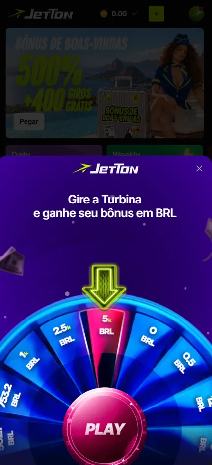 Janela da Turbina na Jetton com roda de prêmios em reais e botão Play