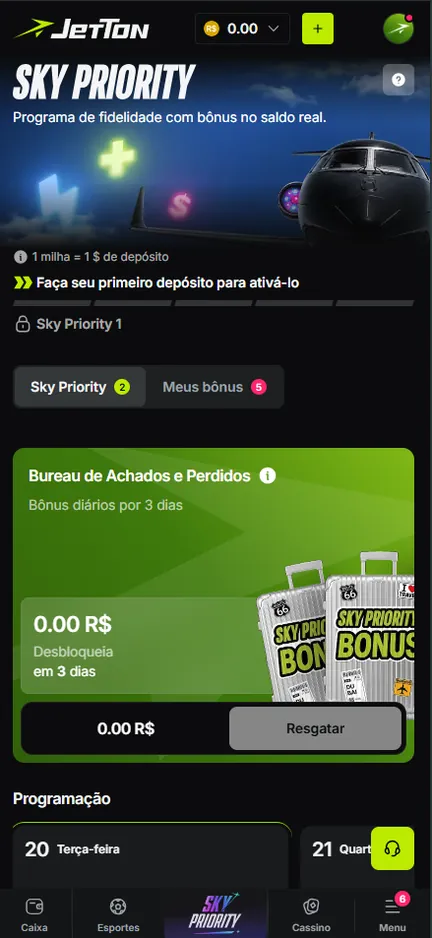 Tela do Sky Priority na Jetton com a regra 1 milha = 1 $ de depósito