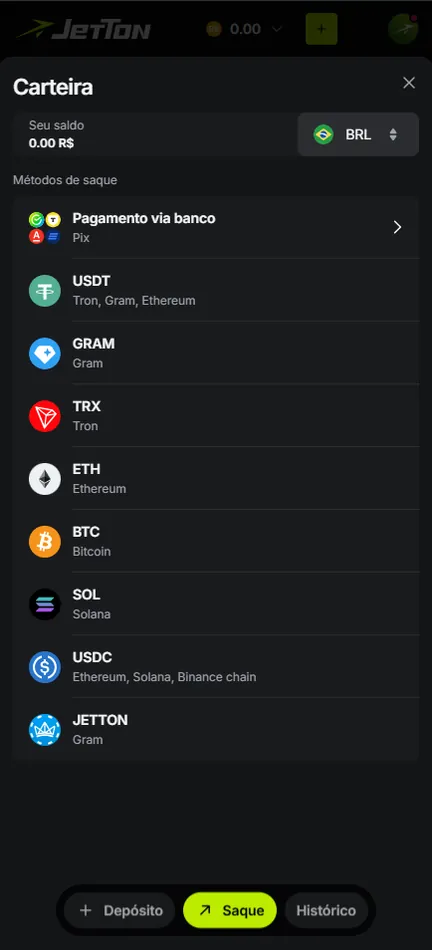 Aba Saque da Carteira da Jetton com Pagamento via banco (Pix) e opções em cripto